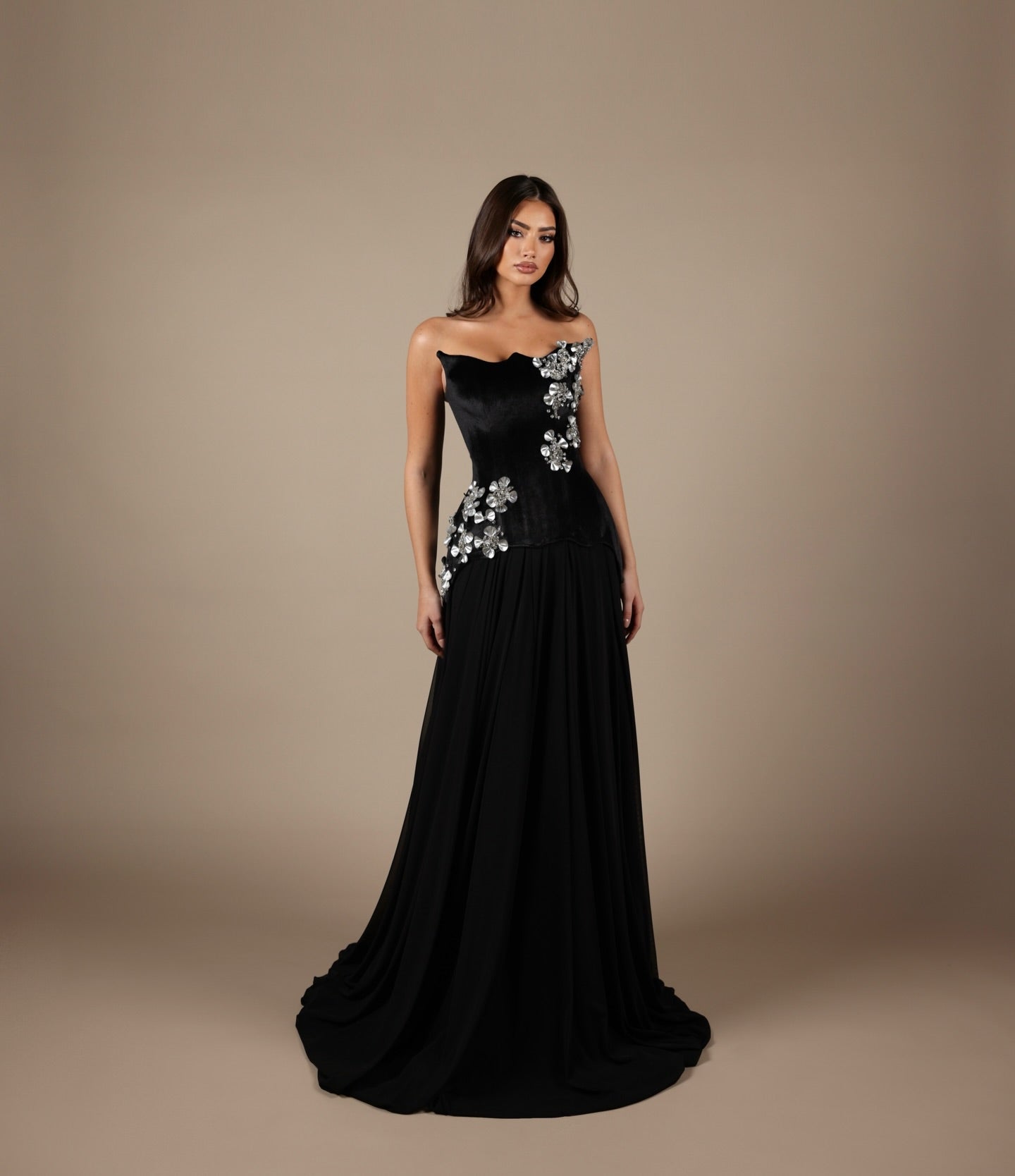 Black Sweetheart Sparkle Flowers Mermaid Floor-Length Evening Dress