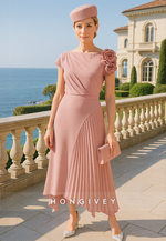 Bateau Neck Asymmetrical Flowers Short Sleeves Mother of the Bride Dress with Ruffles