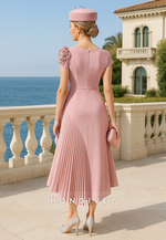 Bateau Neck Asymmetrical Flowers Short Sleeves Mother of the Bride Dress with Ruffles