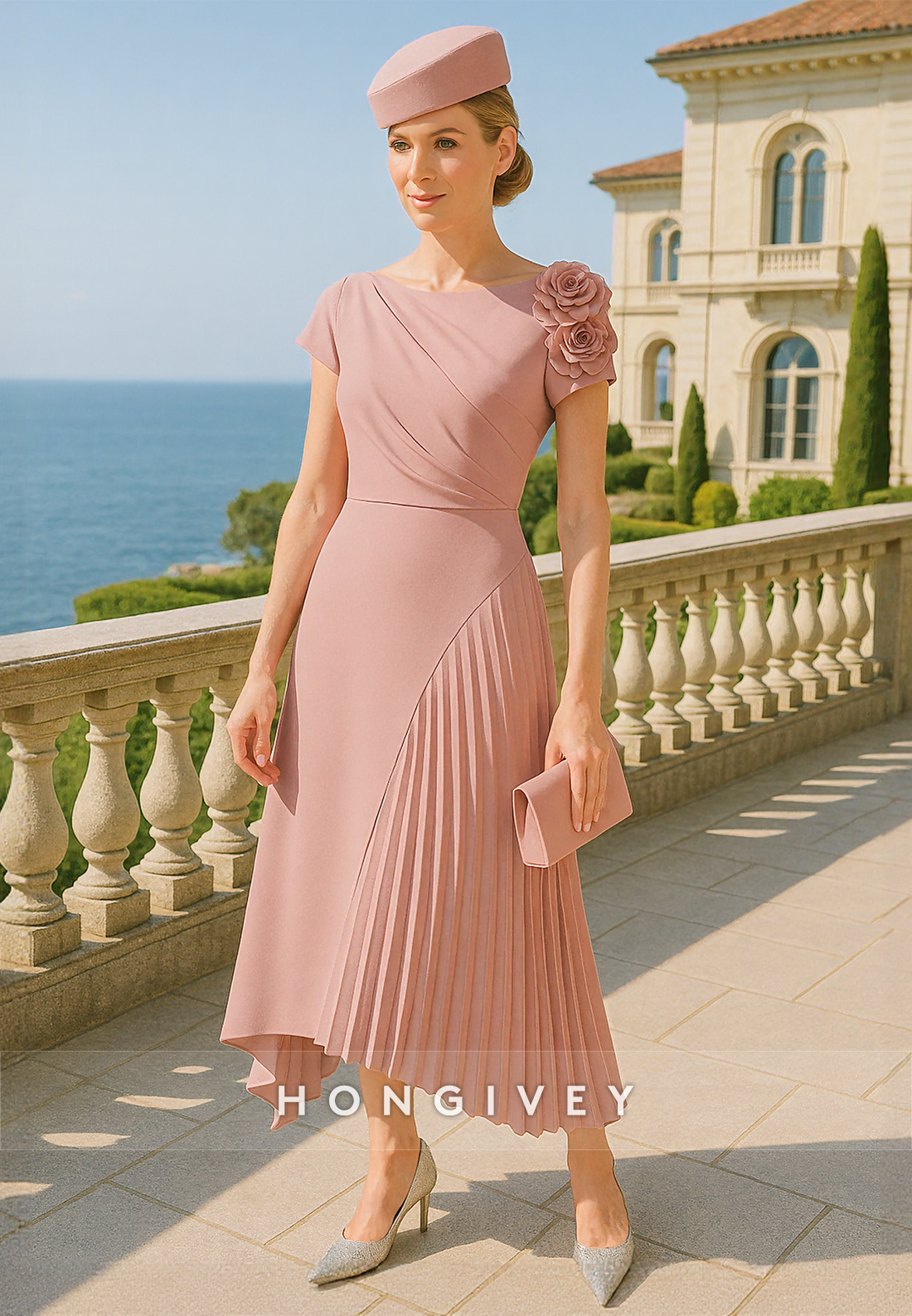 Bateau Neck Asymmetrical Flowers Short Sleeves Mother of the Bride Dress with Ruffles