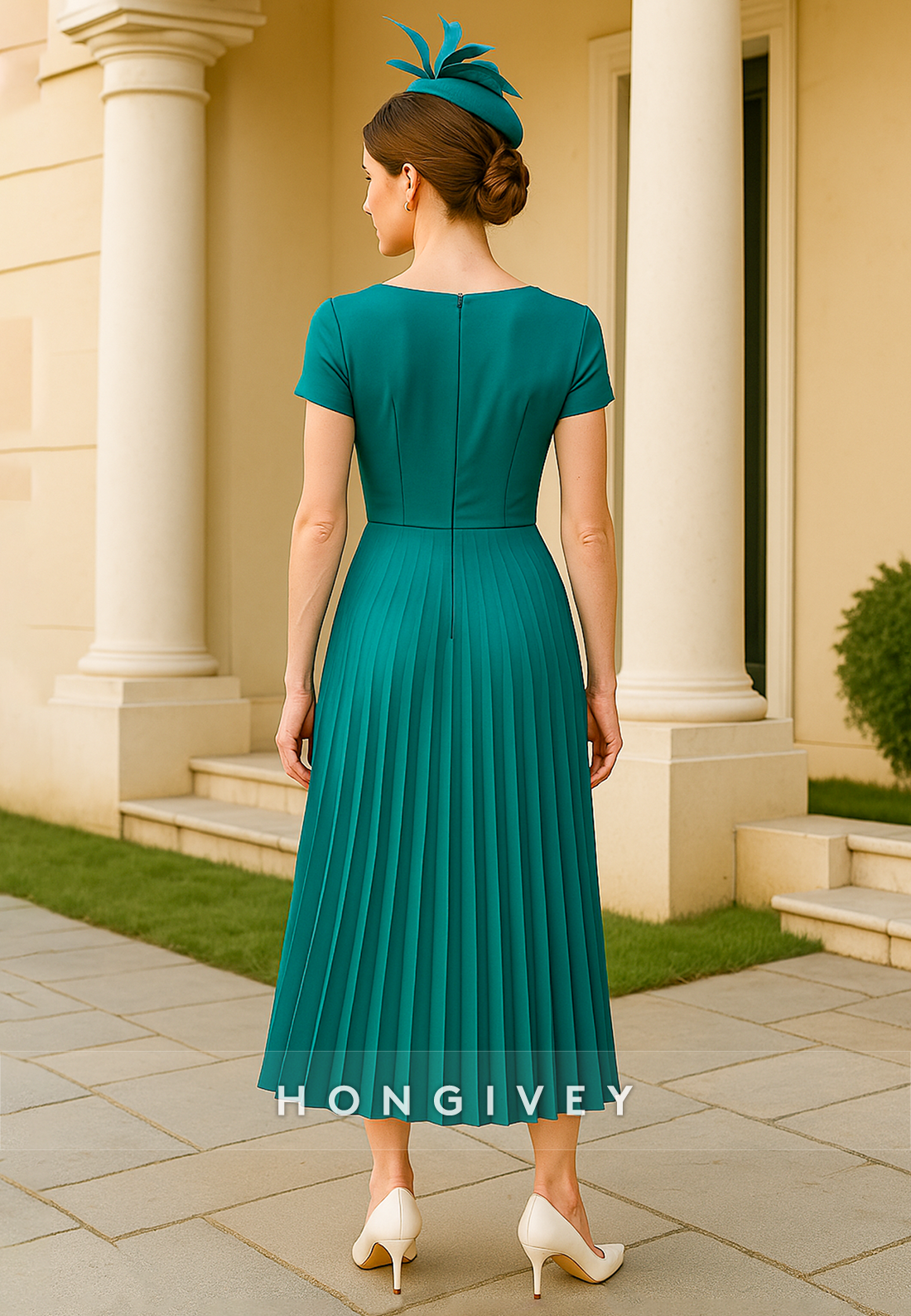 Bateau Neck Short Sleeves Shoulder Flower Ruched Mother of the Bride Dress