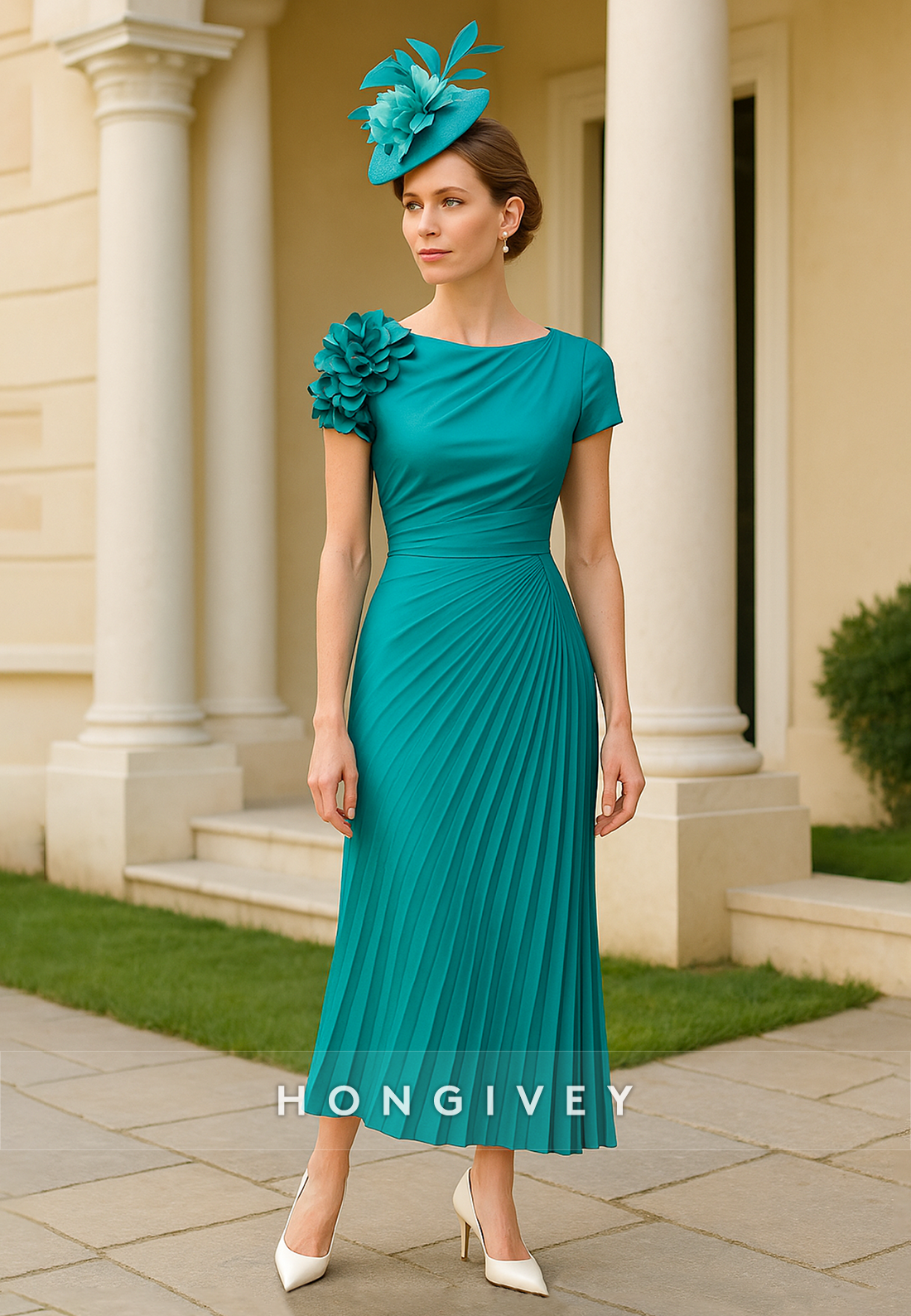 Bateau Neck Short Sleeves Shoulder Flower Ruched Mother of the Bride Dress