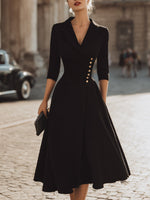 Wrap-Style V-Neck Midi Dress With Decorative Button Detail