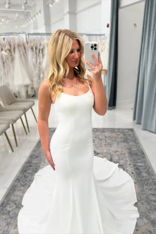 Ivory Crepe Mermaid Wedding Dress with Scoop Neckline Wide Straps