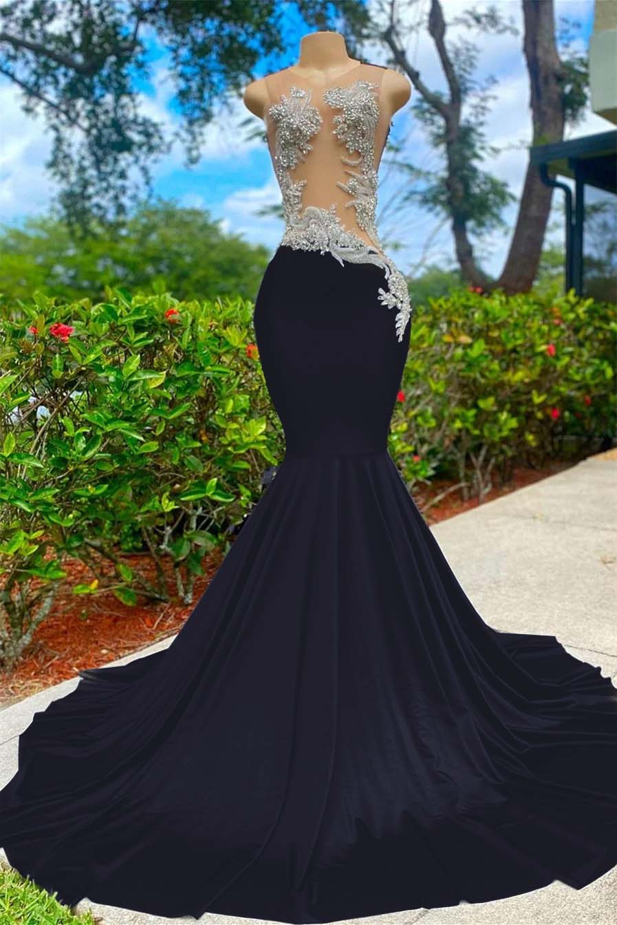 Hidais Shining Sleeveless V Neck Mermaid Long Prom Dress With Appliques