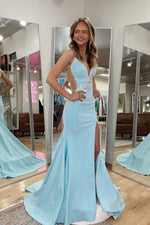 Cute Mermaid V Neck Light Blue Prom Dress with Beading