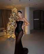 Red Tulle Strapless Sleeveless Long Mermaid Prom Dress With Sequins And Corset