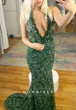 Low V-Neck Sequined Floor-Lengh Mermaid Prom Dresses with Rhinestone