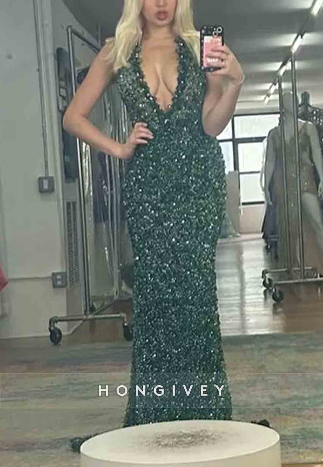 Low V-Neck Sequined Floor-Lengh Mermaid Prom Dresses with Rhinestone