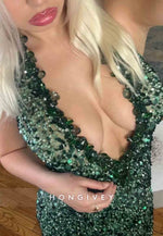 Low V-Neck Sequined Floor-Lengh Mermaid Prom Dresses with Rhinestone