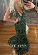 Low V-Neck Sequined Floor-Lengh Mermaid Prom Dresses with Rhinestone
