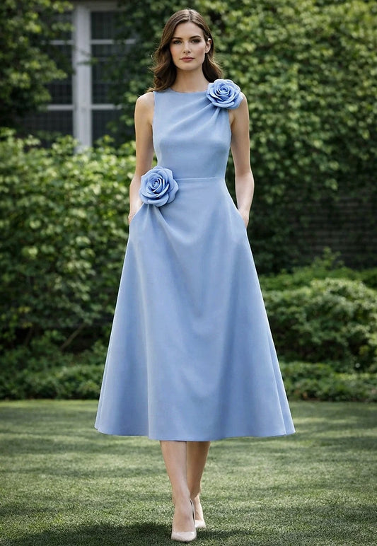 O-Neck Sleeveless Flowers A-Line Tea-Length Evening Dress