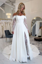 Bohemian A Line Off the Shoulder Satin Lace Wedding Dress