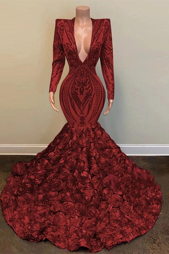 Sequins Lace Wine Red V Neck Long Sleeves Prom Dress Mermaid With Flowers Bottom
