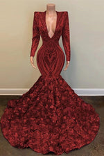 Sequins Lace Wine Red V Neck Long Sleeves Prom Dress Mermaid With Flowers Bottom