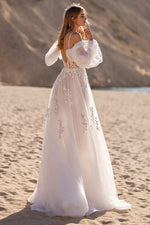 Spaghetti-Straps V-Neck A-Line Tulle Wedding Dresses Lace Appliques With Detachable Sleeves