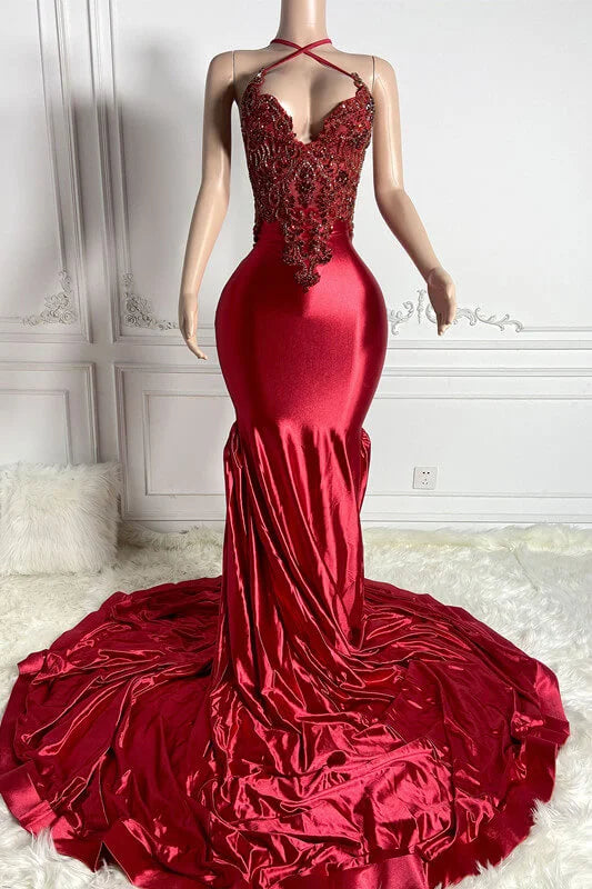 Burgundy Halter Sleeveless Mermaid Evening Dress With Crystals