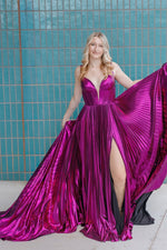 Sparkly A Line V Neck Purple Satin Long Prom Dress with Slit