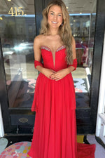 Fairy A Line V Neck Red Chiffon Prom Dresses with Beading