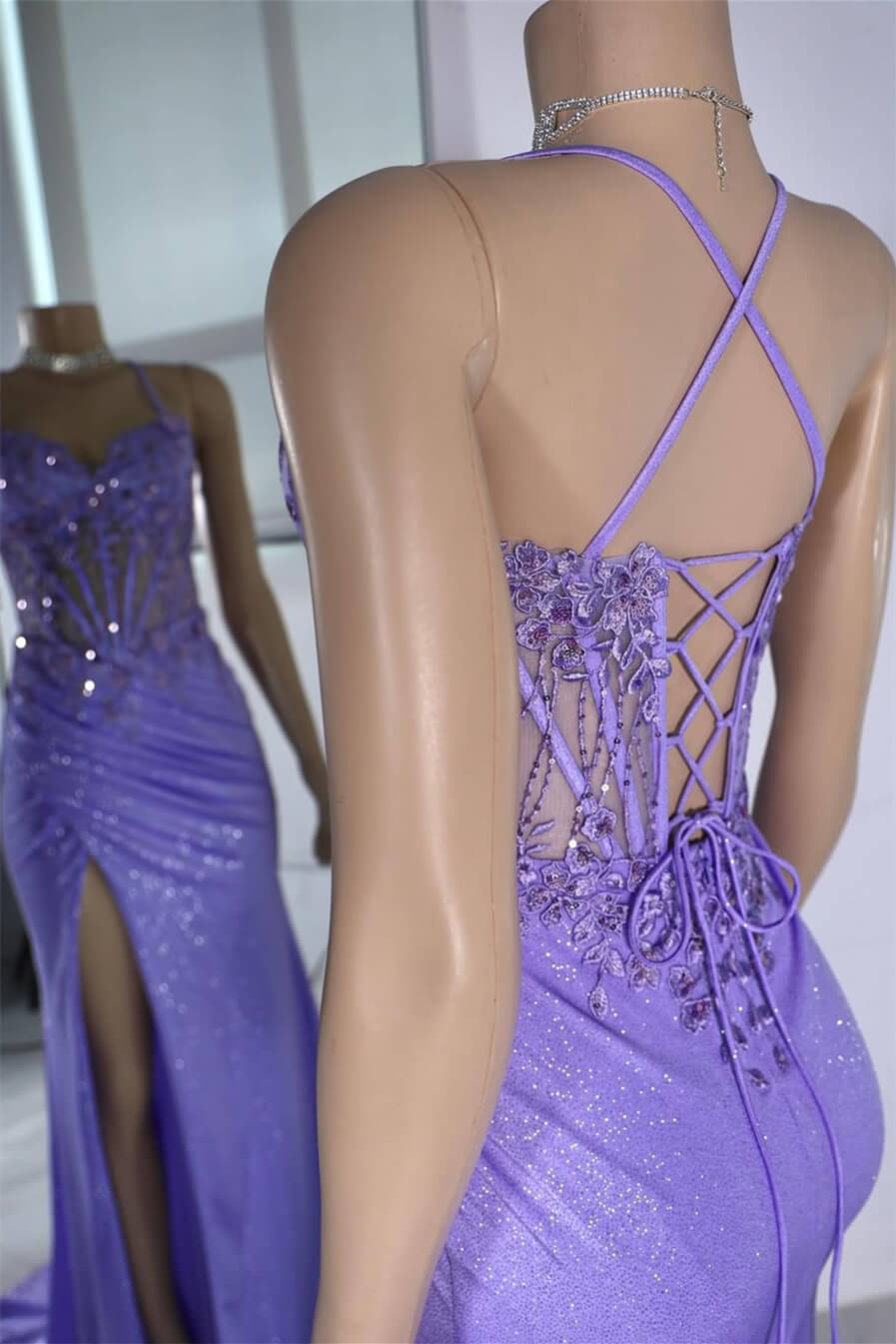 Classic Lilac Sweetheart Sheath Sleeveless Mermaid Prom Dresses Split With Sequins Appliques Lace-up Back
