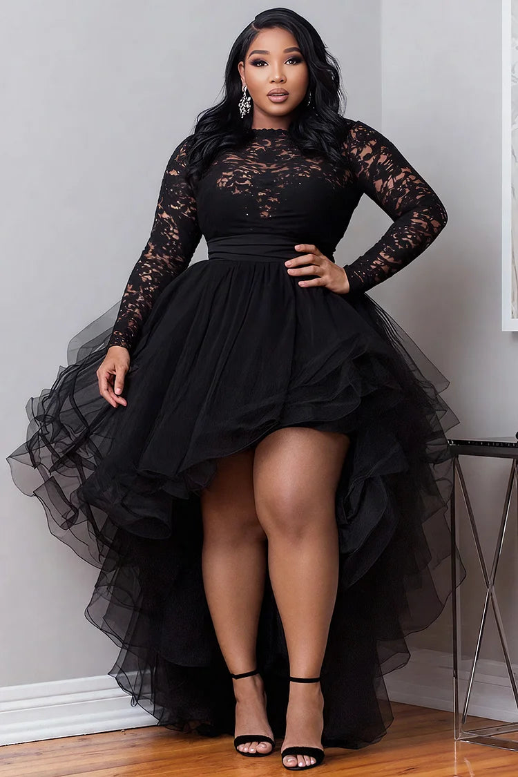 Plus Size Cocktail Party Black Round Neck Long Sleeve High Low Hem Elegant Ruffle Tulle Lace Mini Dresses