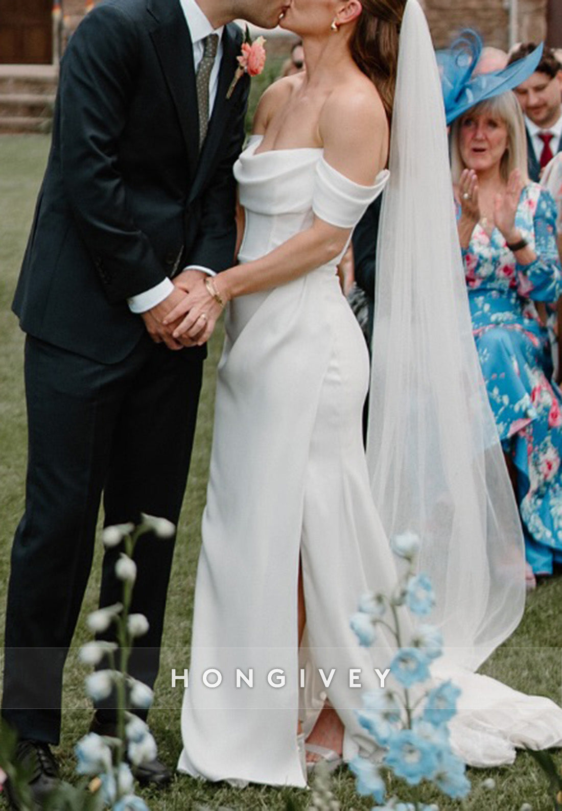 Off the Shoulder Column Satin Floor-Length Wedding Dresses with Side Slit