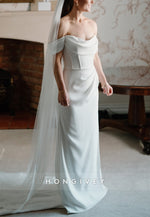 Off the Shoulder Column Satin Floor-Length Wedding Dresses with Side Slit
