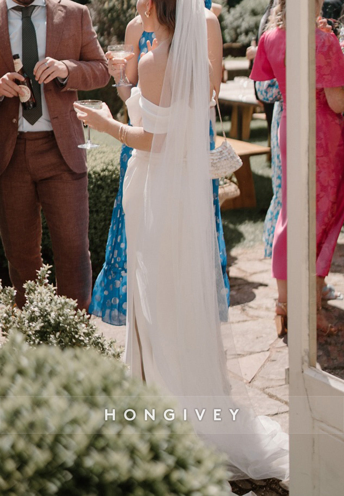 Off the Shoulder Column Satin Floor-Length Wedding Dresses with Side Slit