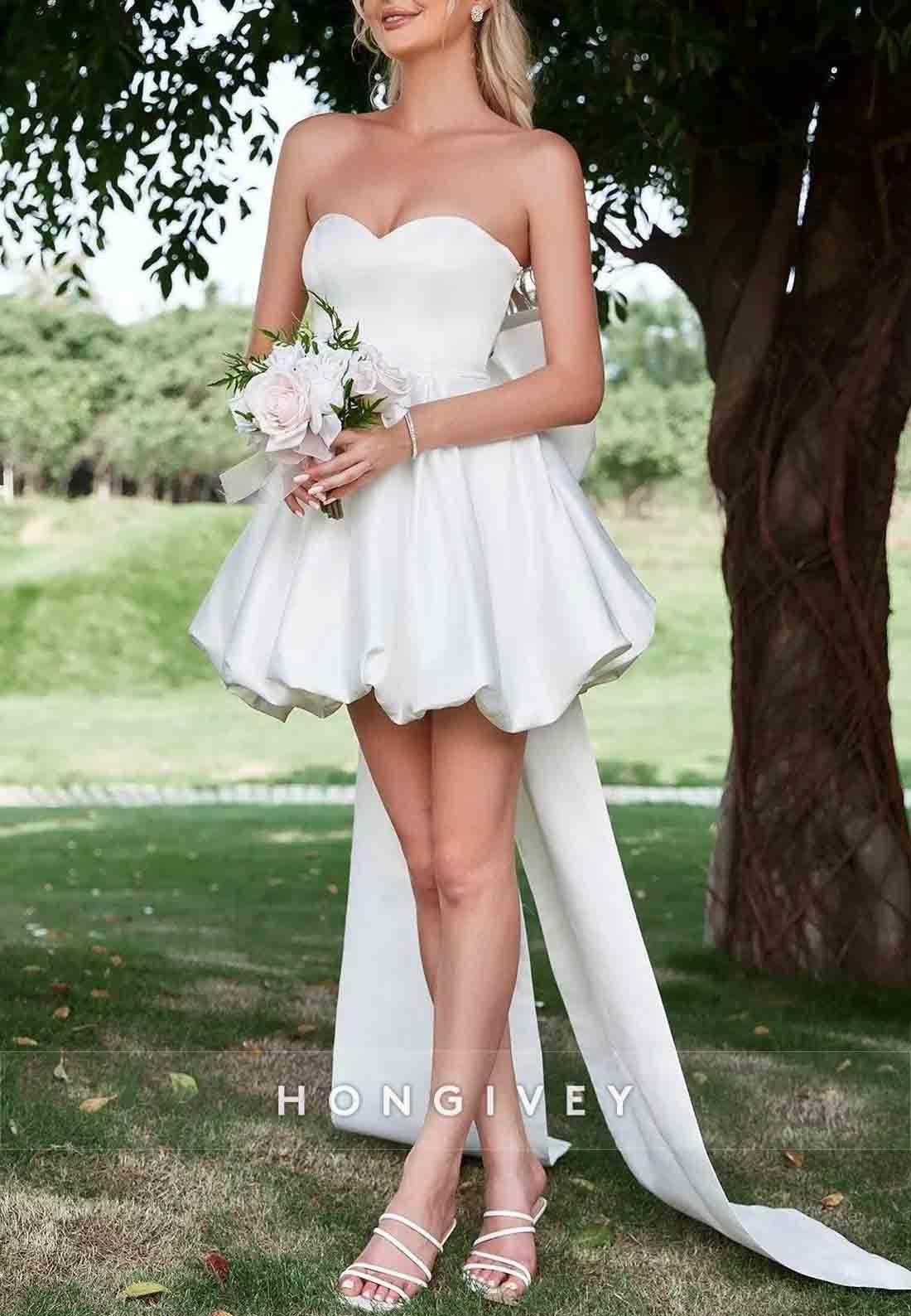 Sweetheart A-Line Satin Balloon Strapless Hem Wedding Dress With Big Bow