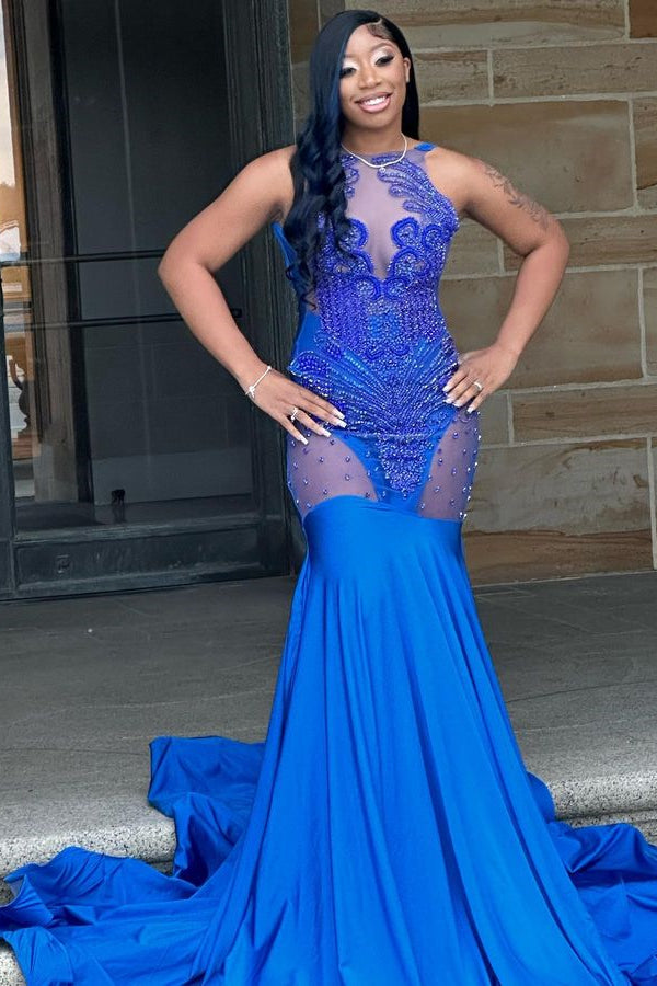 Royal Blue High Neck Sleeveless Mermaid Beades Long Prom Dress with Appliques