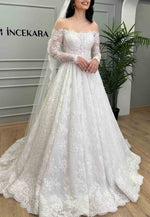 A-Line Long Sleeves Off the Shoulder Court Train Lace Empire Wedding Dresses