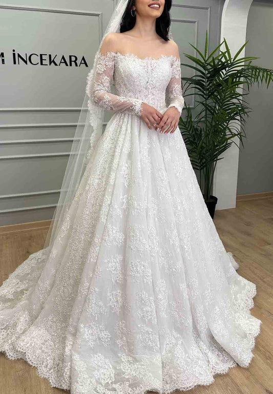 A-Line Long Sleeves Off the Shoulder Court Train Lace Empire Wedding Dresses