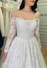 A-Line Long Sleeves Off the Shoulder Court Train Lace Empire Wedding Dresses