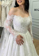 A-Line Long Sleeves Off the Shoulder Court Train Lace Empire Wedding Dresses