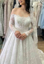 A-Line Long Sleeves Off the Shoulder Court Train Lace Empire Wedding Dresses