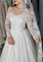 Lace A-Line Court Train Long Sleeves Empire Wedding Dresses with Beading