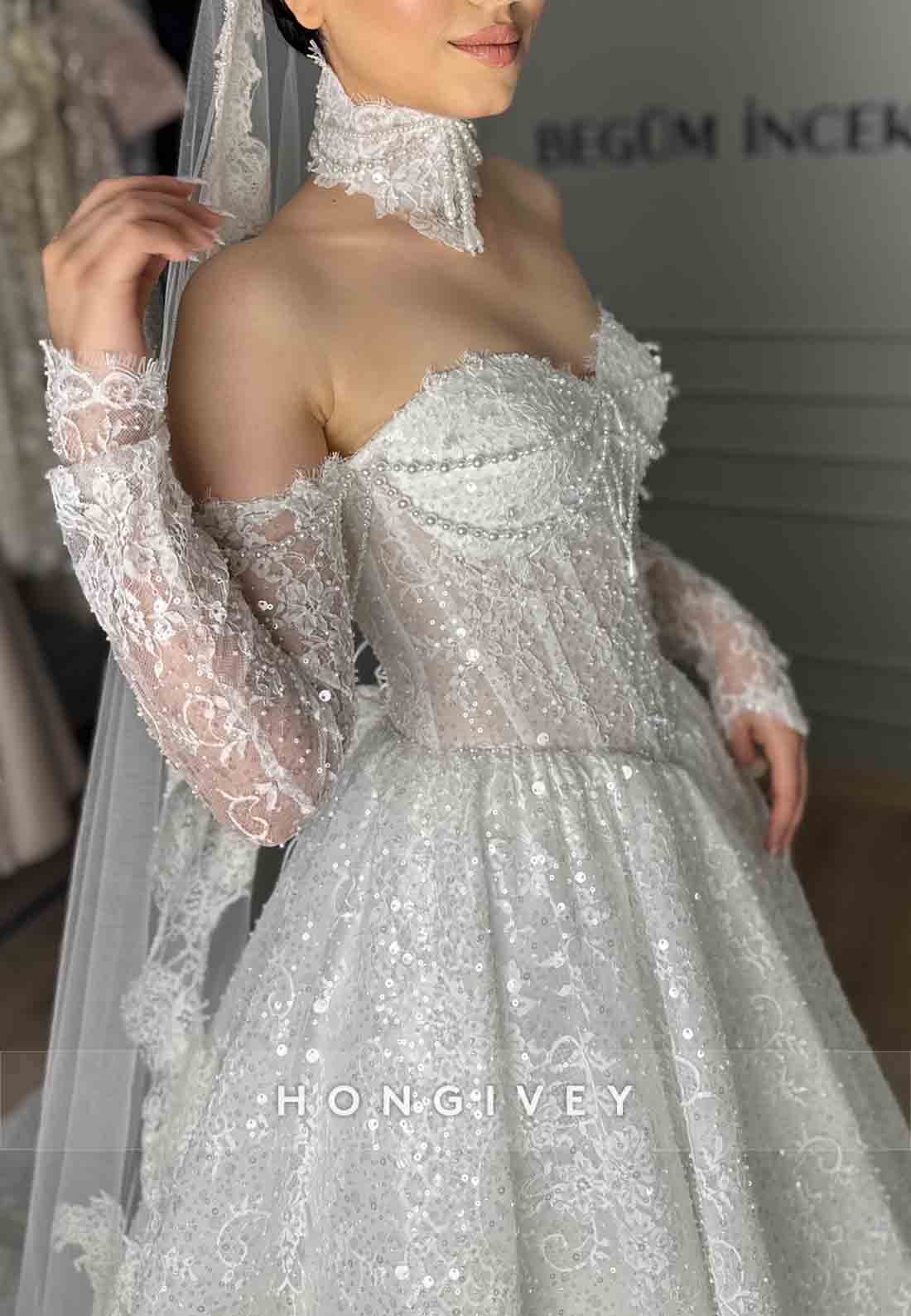 A-Line Lace Off the Shoulder Sweetheart Long Sleeves Wedding Dresses with Pearls