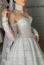 A-Line Lace Off the Shoulder Sweetheart Long Sleeves Wedding Dresses with Pearls