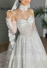 A-Line Lace Off the Shoulder Sweetheart Long Sleeves Wedding Dresses with Pearls