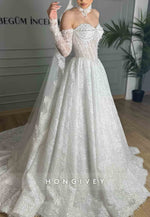 A-Line Lace Off the Shoulder Sweetheart Long Sleeves Wedding Dresses with Pearls
