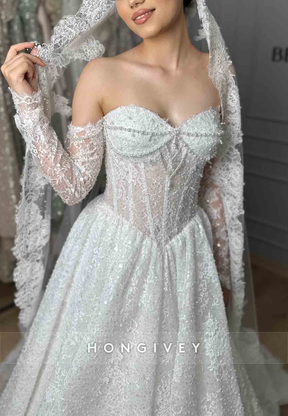 A-Line Lace Off the Shoulder Sweetheart Long Sleeves Wedding Dresses with Pearls