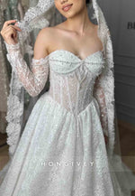 A-Line Lace Off the Shoulder Sweetheart Long Sleeves Wedding Dresses with Pearls