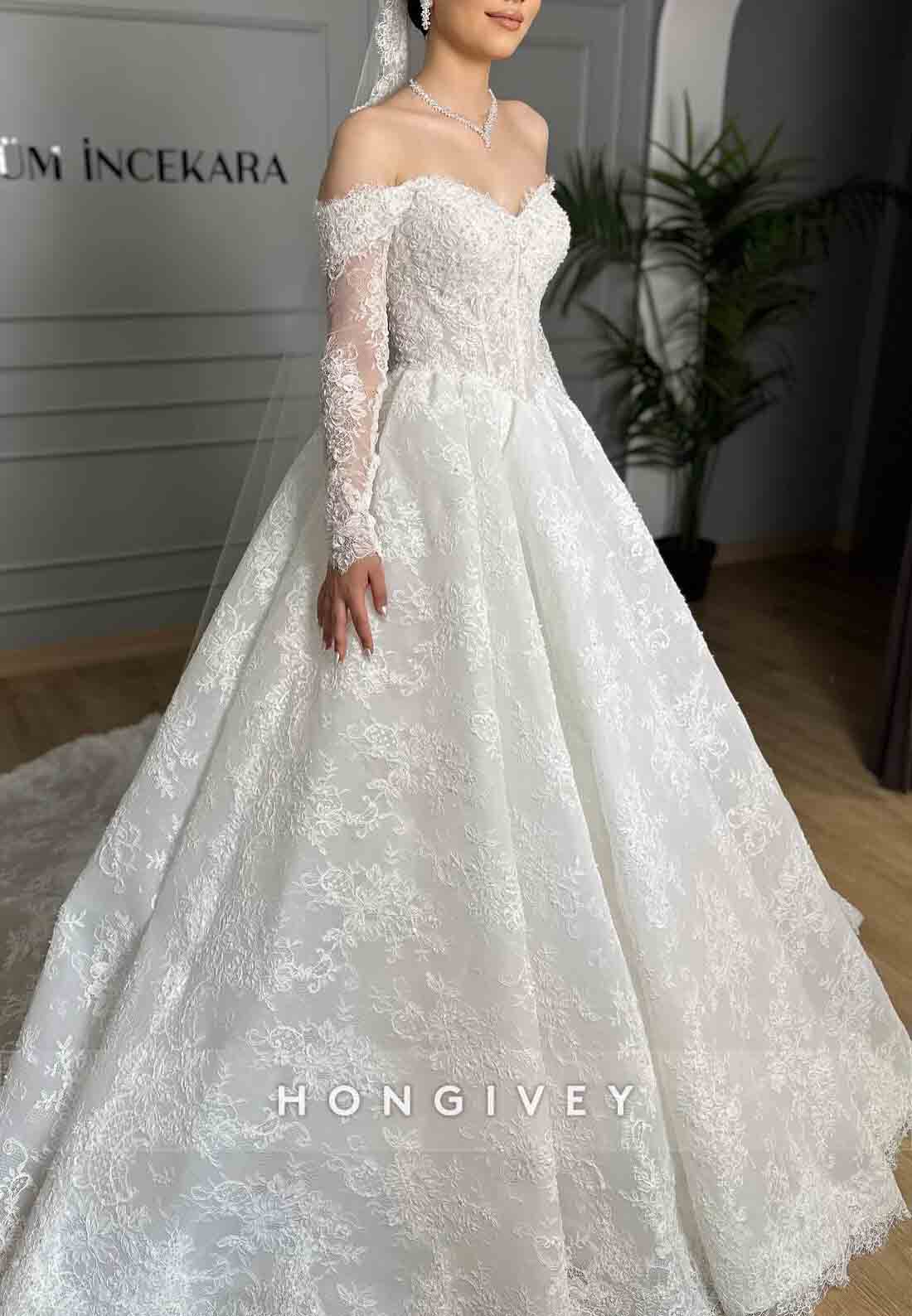 Lace Off the Shoulder Long Sleeves Princess Wedding Dresses with Pearls