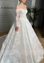 Lace Off the Shoulder Long Sleeves Princess Wedding Dresses with Pearls