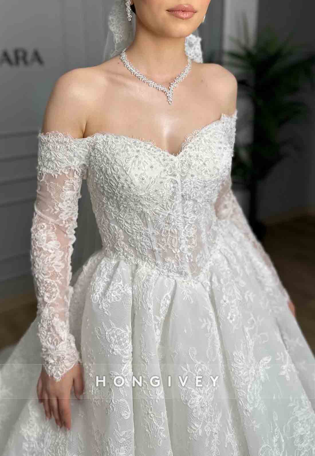 Lace Off the Shoulder Long Sleeves Princess Wedding Dresses with Pearls