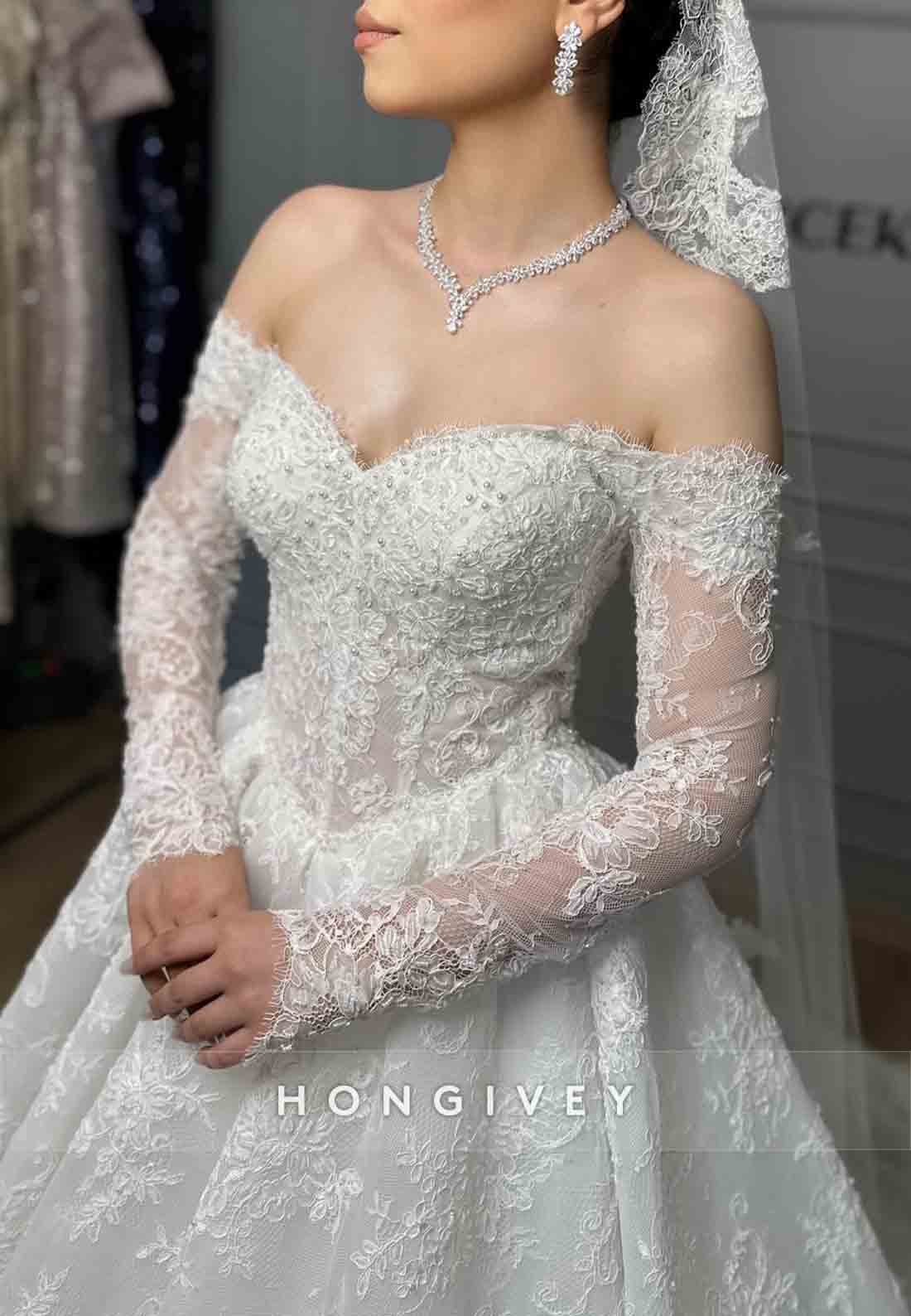 Lace Off the Shoulder Long Sleeves Princess Wedding Dresses with Pearls