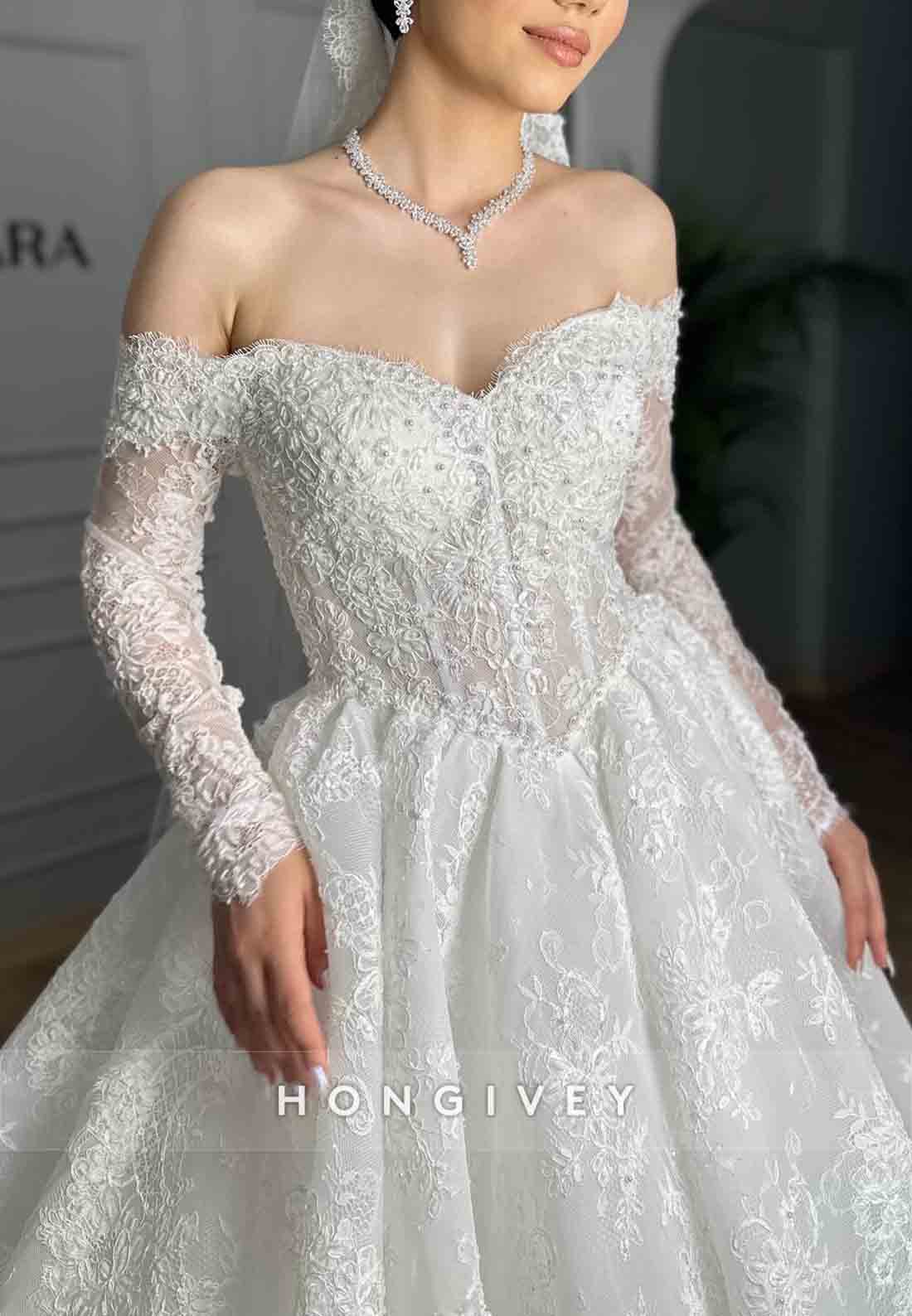 Lace Off the Shoulder Long Sleeves Princess Wedding Dresses with Pearls