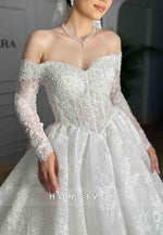 Lace Off the Shoulder Long Sleeves Princess Wedding Dresses with Pearls