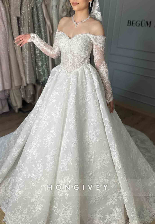 Lace Off the Shoulder Long Sleeves Princess Wedding Dresses with Pearls