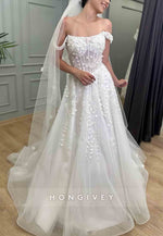 Off the Shoulder A-Line Court Train Tulle Wedding Dresses with Appliques
